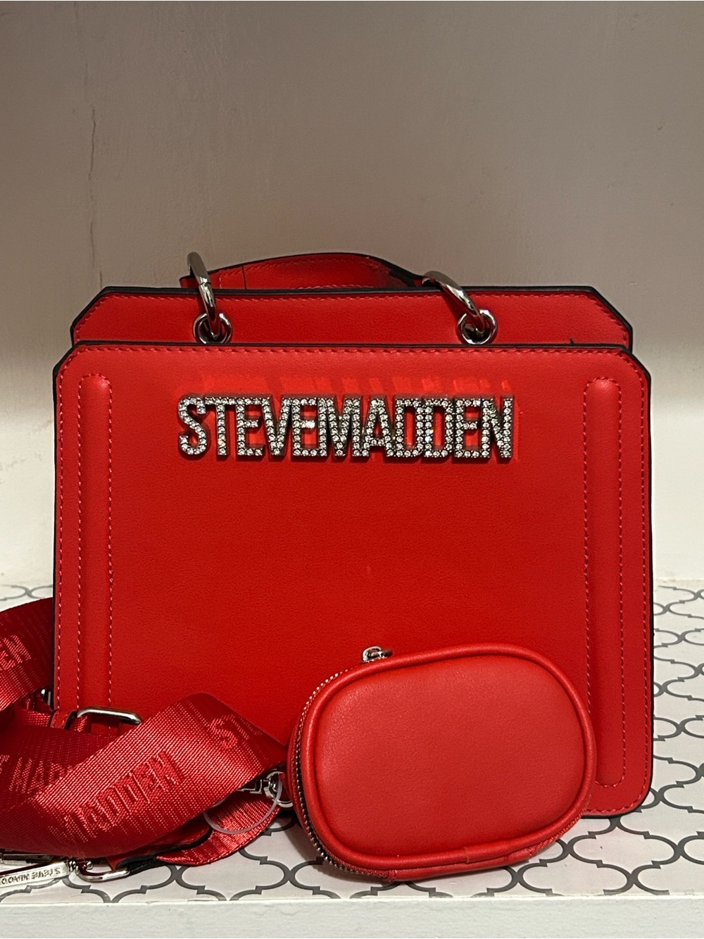 Steve Madden Red Jeweled Logo Structured Satchel with 2 straps